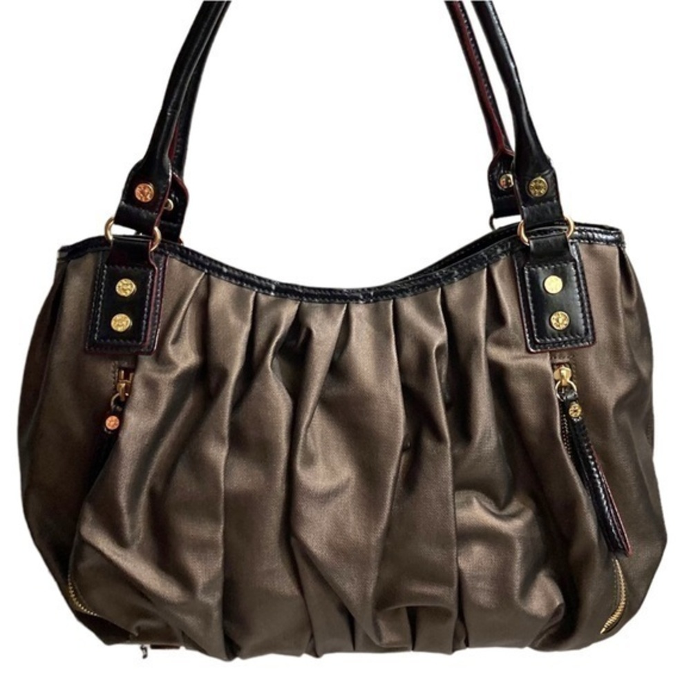 MZ Wallace copper brown bag with black patent leather trim